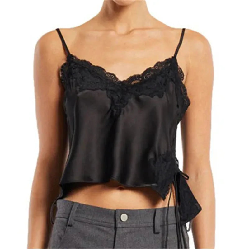 Women's black satin halter-top with lace trim, stylish for casual outings