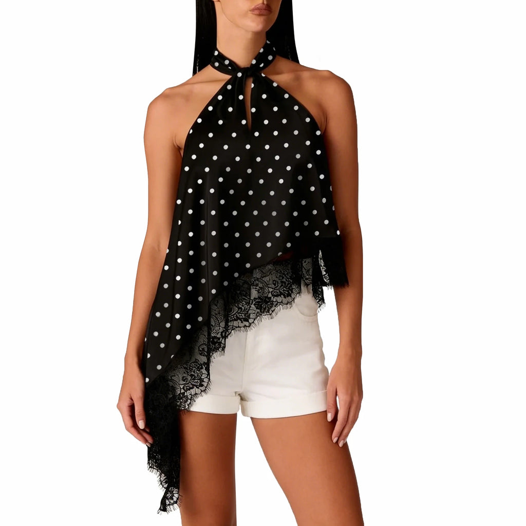 Women's black halter-top with white polka dots and lace trim