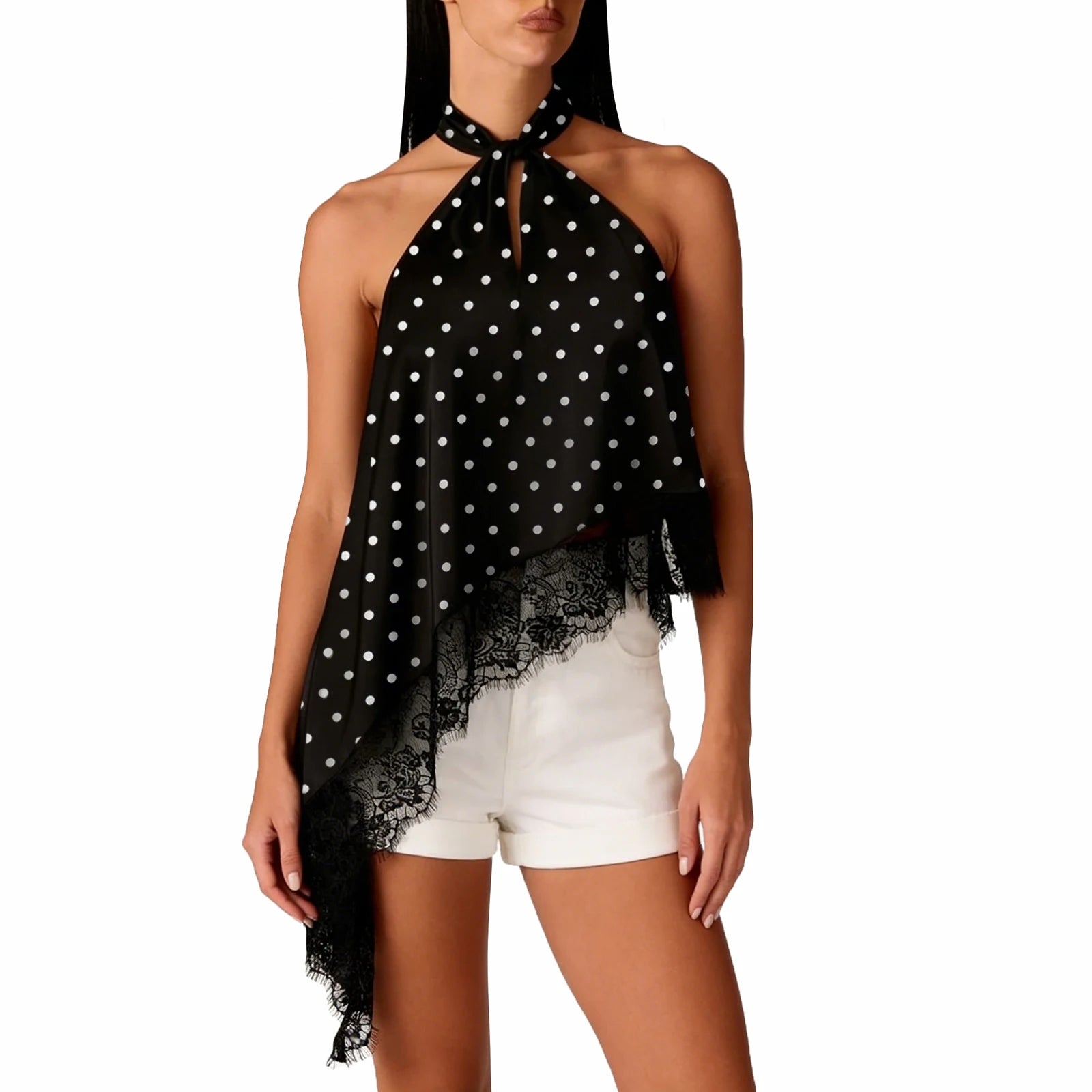 Women's black halter-top with white polka dots and lace trim