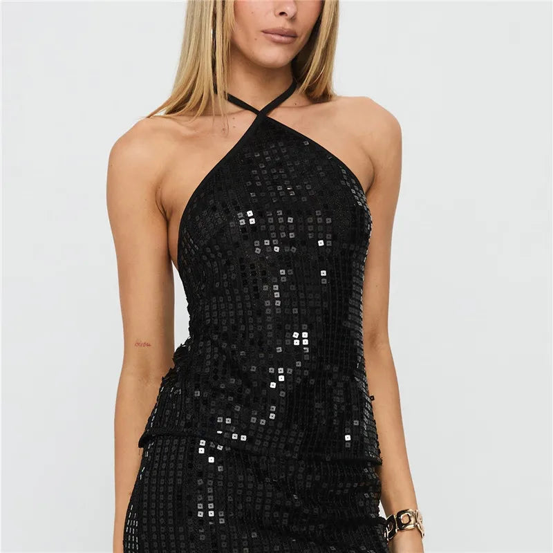 Black halter-top with sequins, perfect for a night out