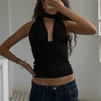 black halter-top, stylish knit fabric, perfect for casual outings