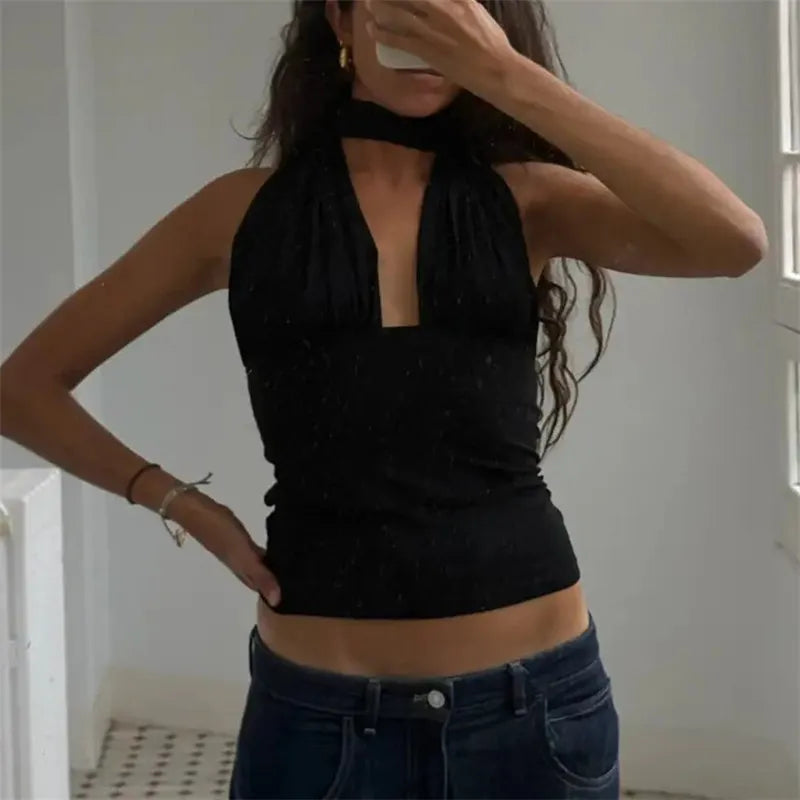 black halter-top, stylish knit fabric, perfect for casual outings
