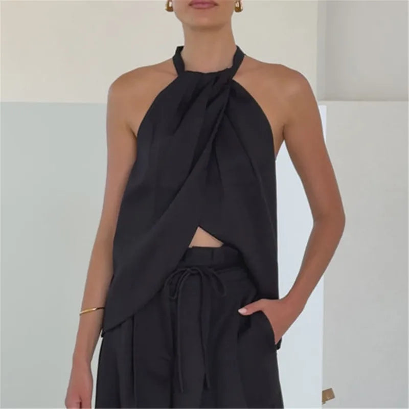 Women's black halter-top, lightweight fabric for summer outings