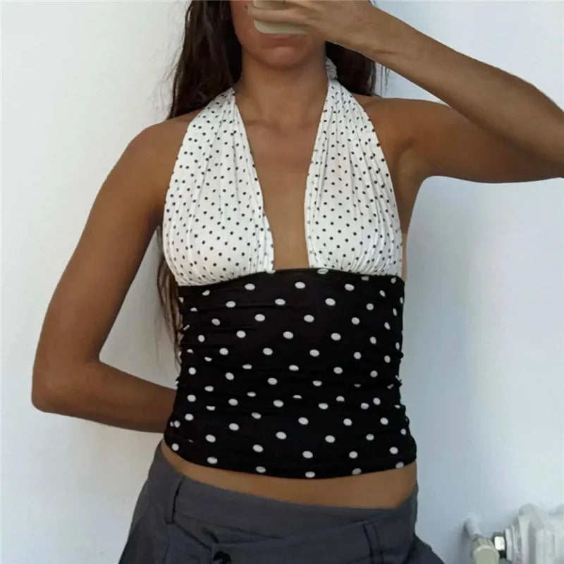 Women's halter-top, black and white polka dot, perfect for summer outings