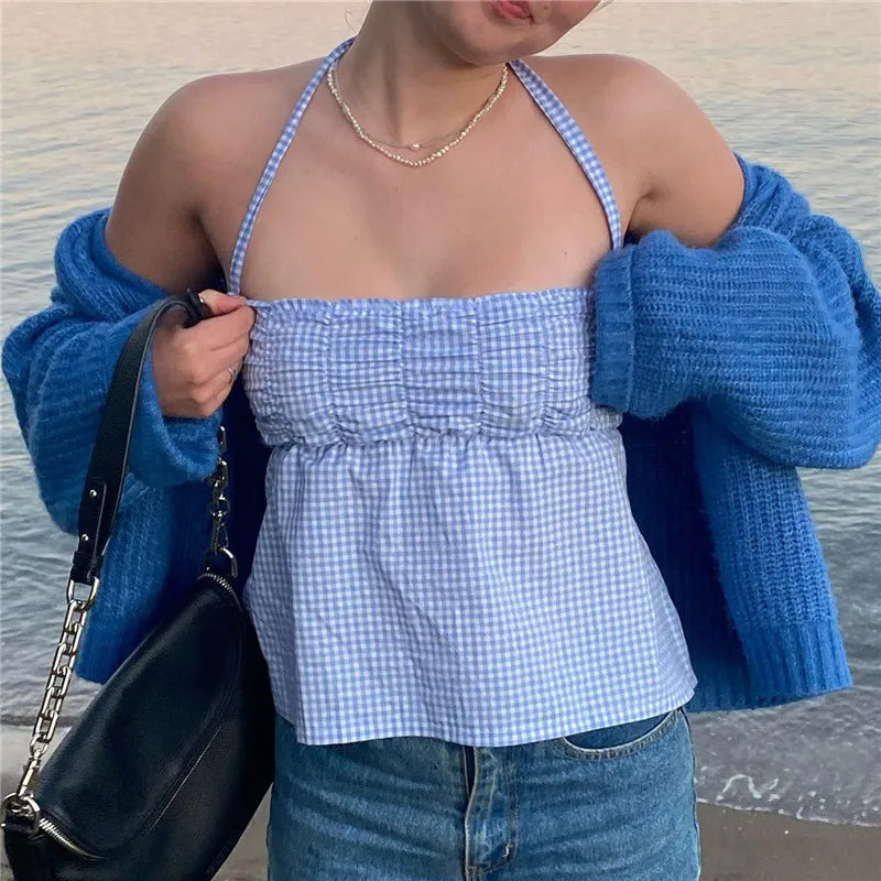 Blue gingham halter-top for stylish summer outings