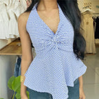 Women's blue and white gingham halter-top for casual summer wear