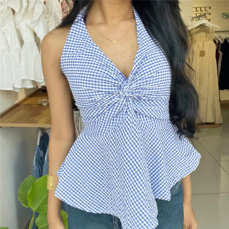 Women's blue and white gingham halter-top for casual summer wear
