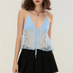 Light blue lace halter-top with tie for summer outings