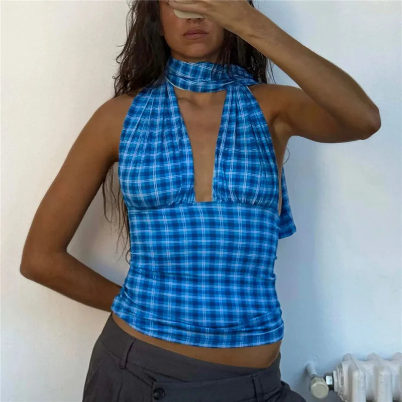 Women's blue plaid halter-top, perfect for summer outings