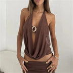 Women's brown halter-top with draped design, perfect for summer outings