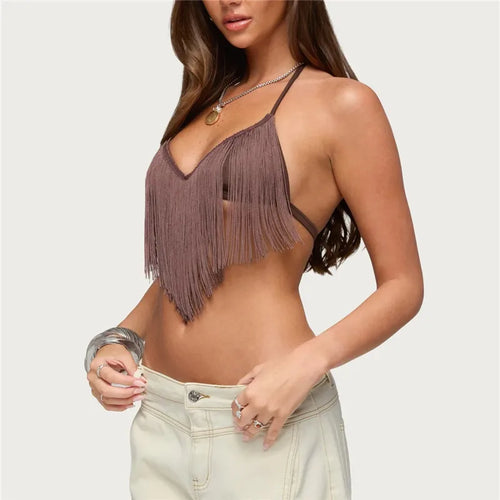 Women's halter-top in brown fringe, perfect for summer outings