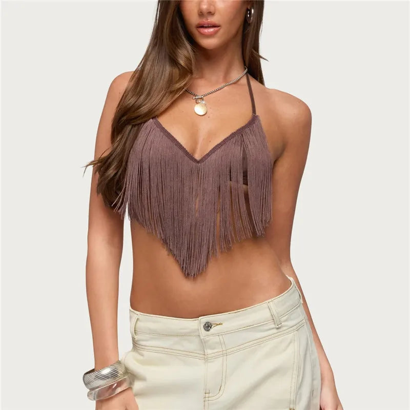 Women's brown halter-top shirt, lightweight fabric for casual outings