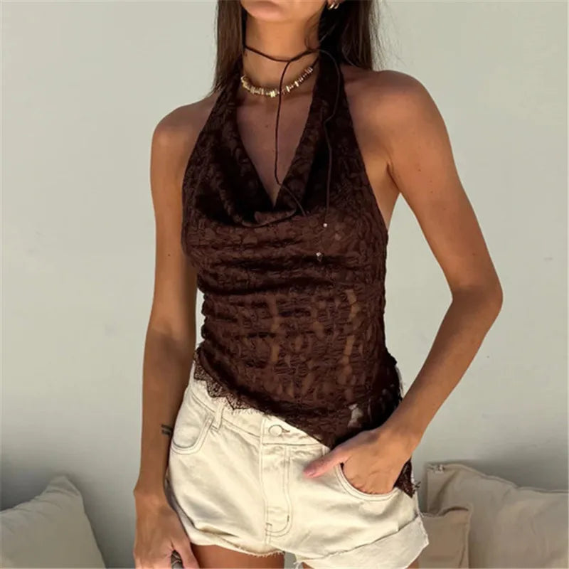 Women's brown halter-top, lightweight lace for casual summer outings