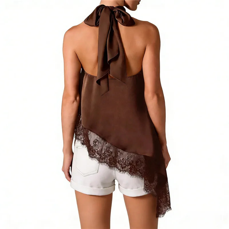 Women's brown halter-top with lace trim, perfect for summer outings