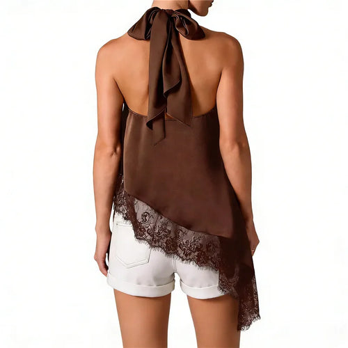Women's brown halter-top with lace trim, perfect for summer outings