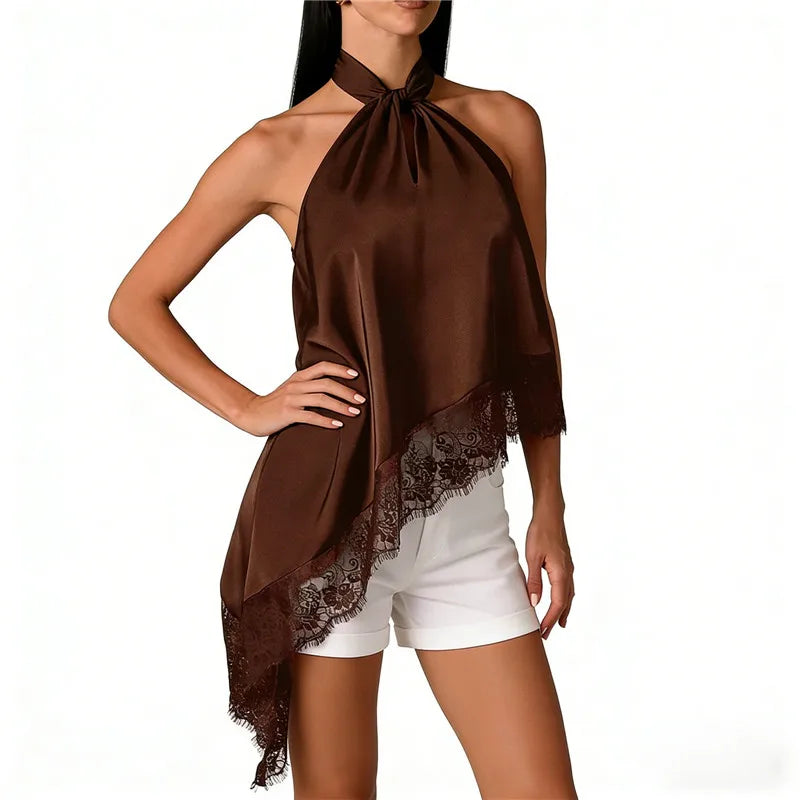 Women's brown halter-top with lace trim for summer outings