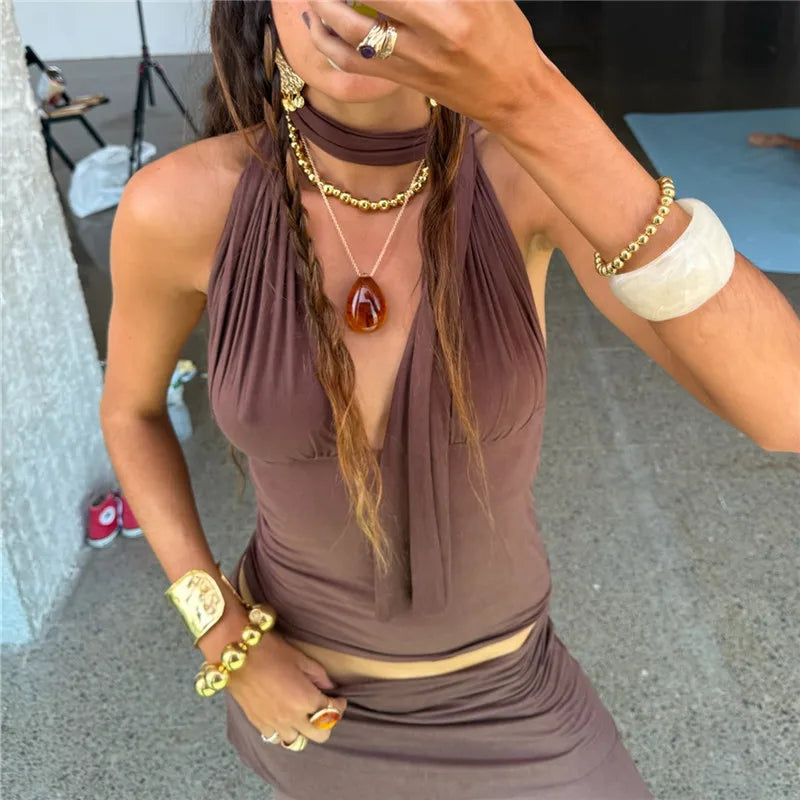 Brown halter-top for women, perfect for summer outings and vacations