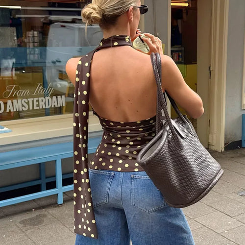 Women's brown polka dot halter-top, stylish for casual outings