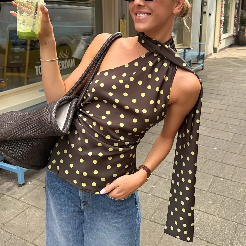 Women's brown halter-top with polka dots, perfect for summer outings