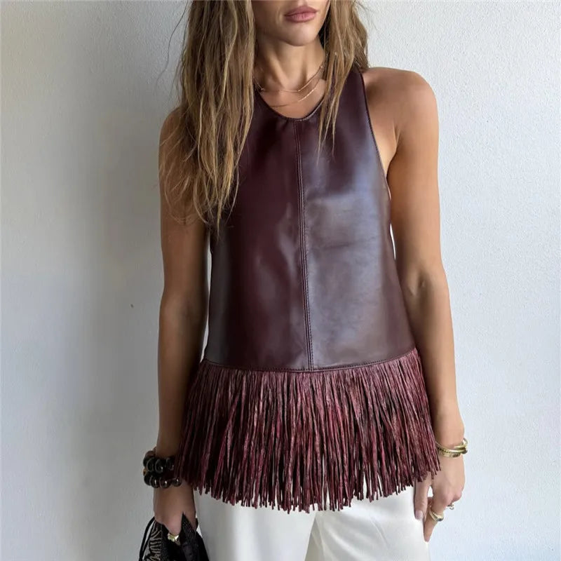Women's burgundy leather halter-top with fringe detailing for stylish outfits
