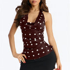 Women's halter-top in brown with white polka dots, perfect for summer outings