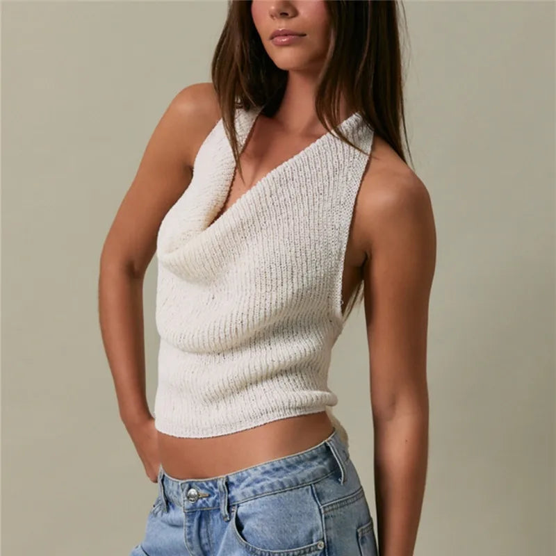 Women's chic cream halter-top, knitted fabric for casual outings
