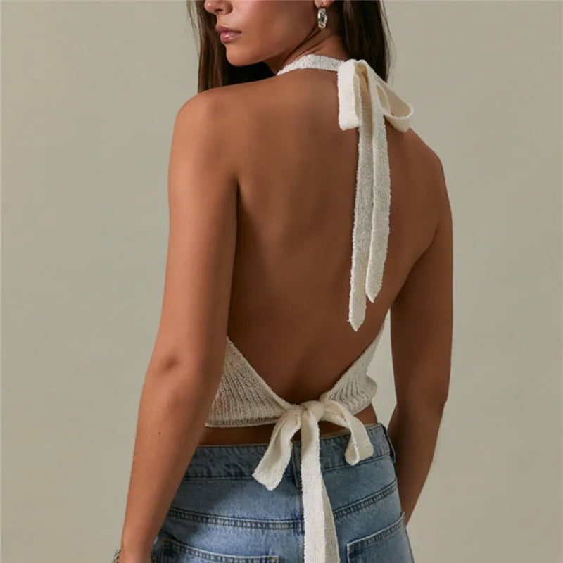 Women's white halter-top in soft knit for summer wear