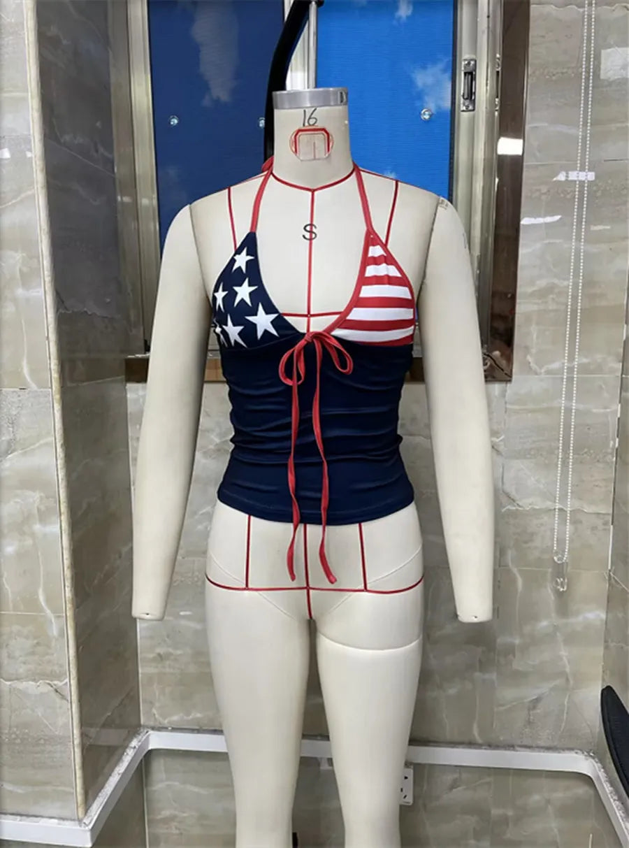 Women's halter top crop in navy with American flag design for summer wear