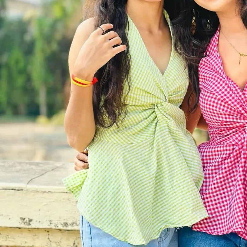 Women's green and white checkered halter-top, perfect for summer outings