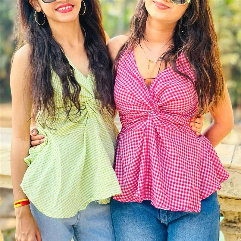Halter-top in green and pink gingham, perfect for summer outings