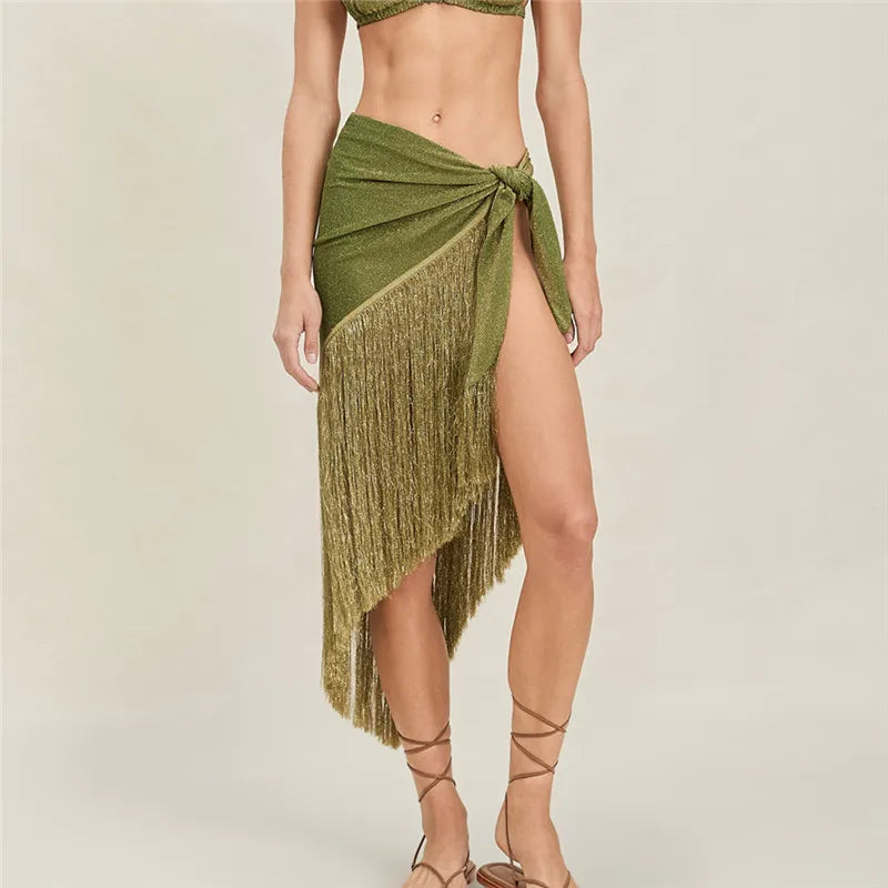 Women's green halter-top beach cover-up with fringe detail