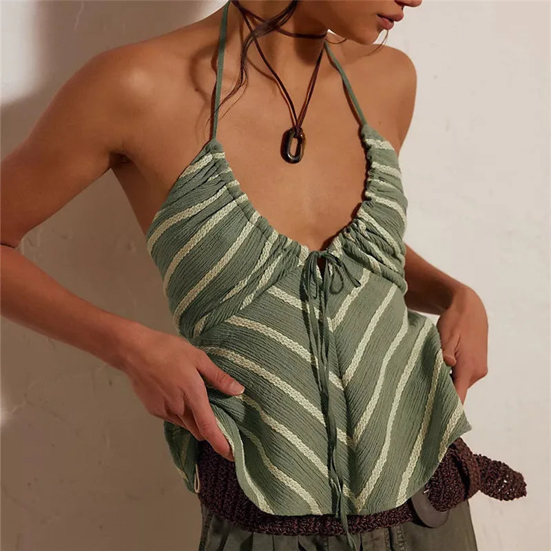Women's green halter-top shirt, lightweight fabric for vacations