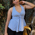 Women's blue checkered halter-top, perfect for casual outings