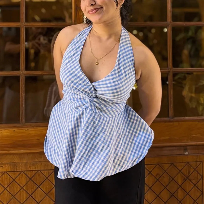 Women's blue and white gingham halter-top for summer outings