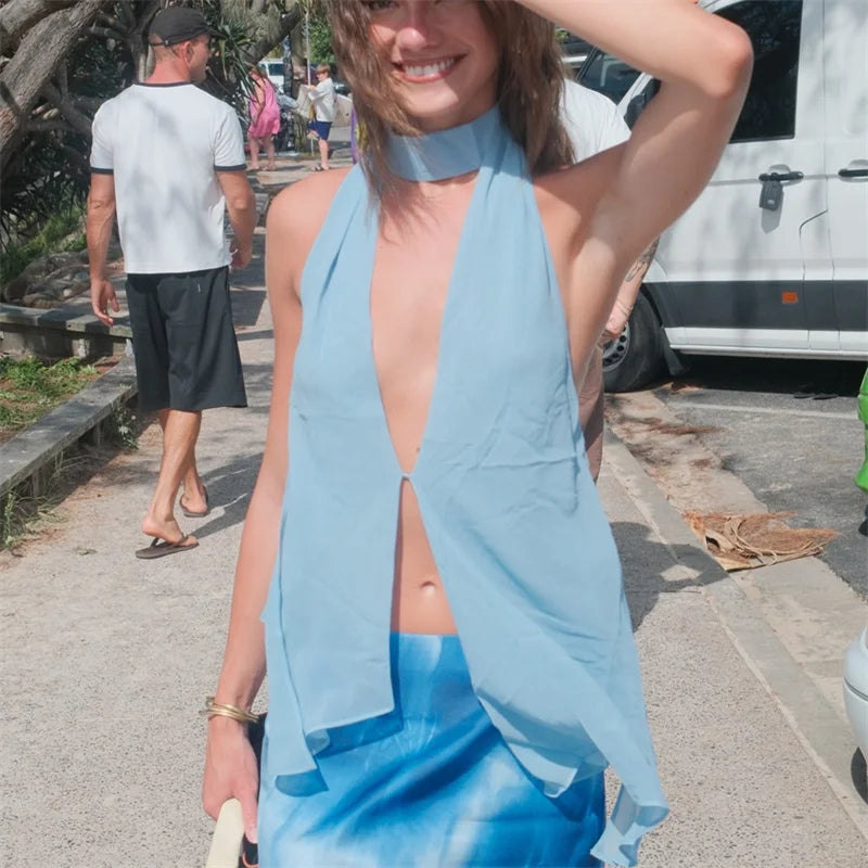 Women's light blue halter-top beach cover-up for summer outings