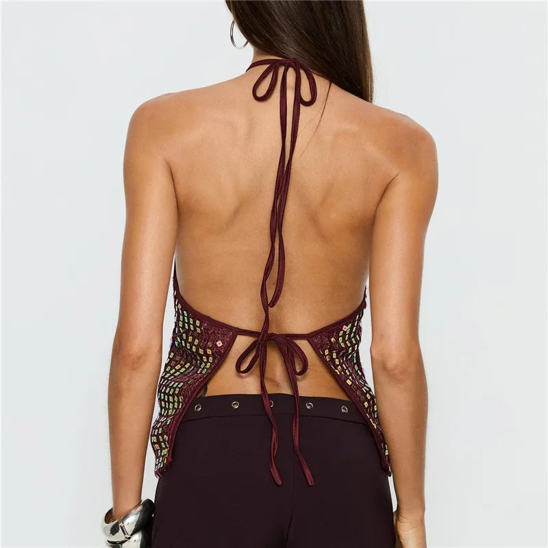 Women's burgundy halter-top, breathable fabric for summer outings