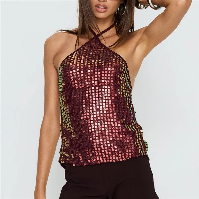Women's halter-top in shiny sequins, perfect for parties