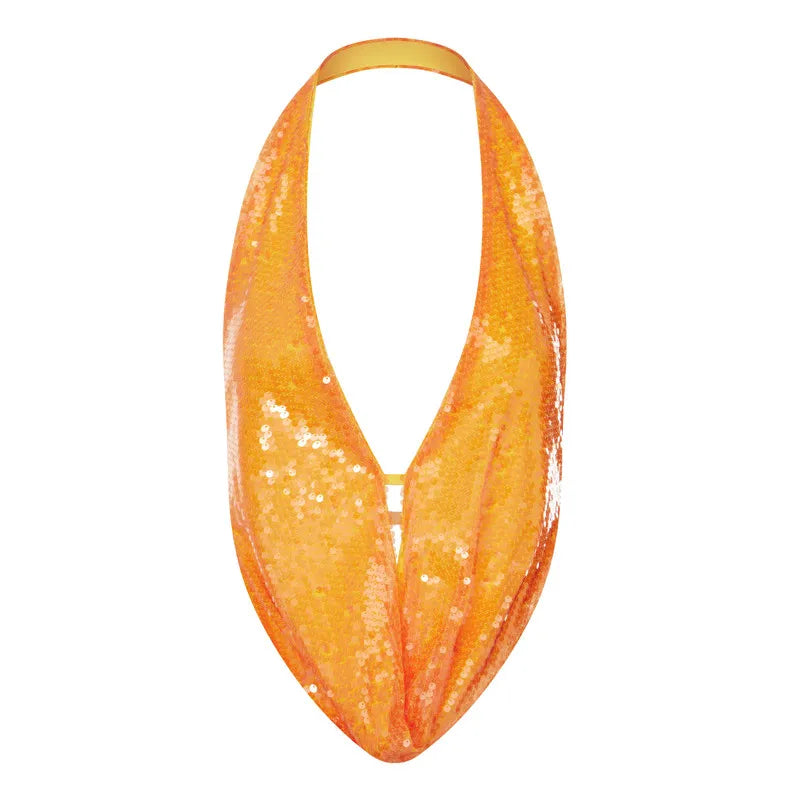 Women's orange sequined halter-top for summer parties