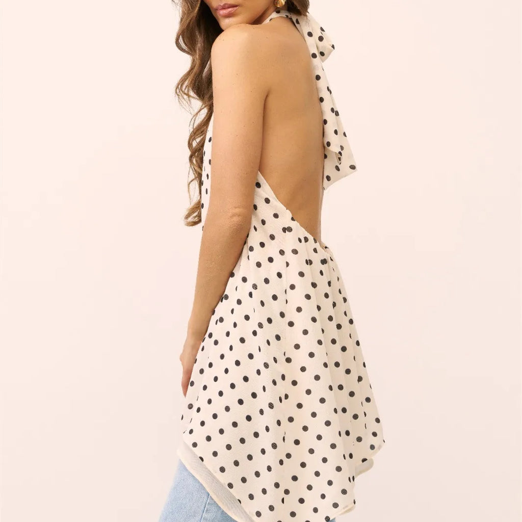 Women's polka dot halter-top in cream, perfect for summer outings
