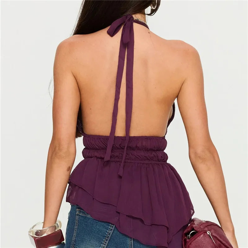 Women's purple halter-top with ruffled design, perfect for summer outings