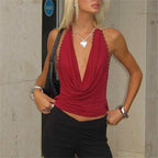 Women's red halter-top with studded details for casual outings