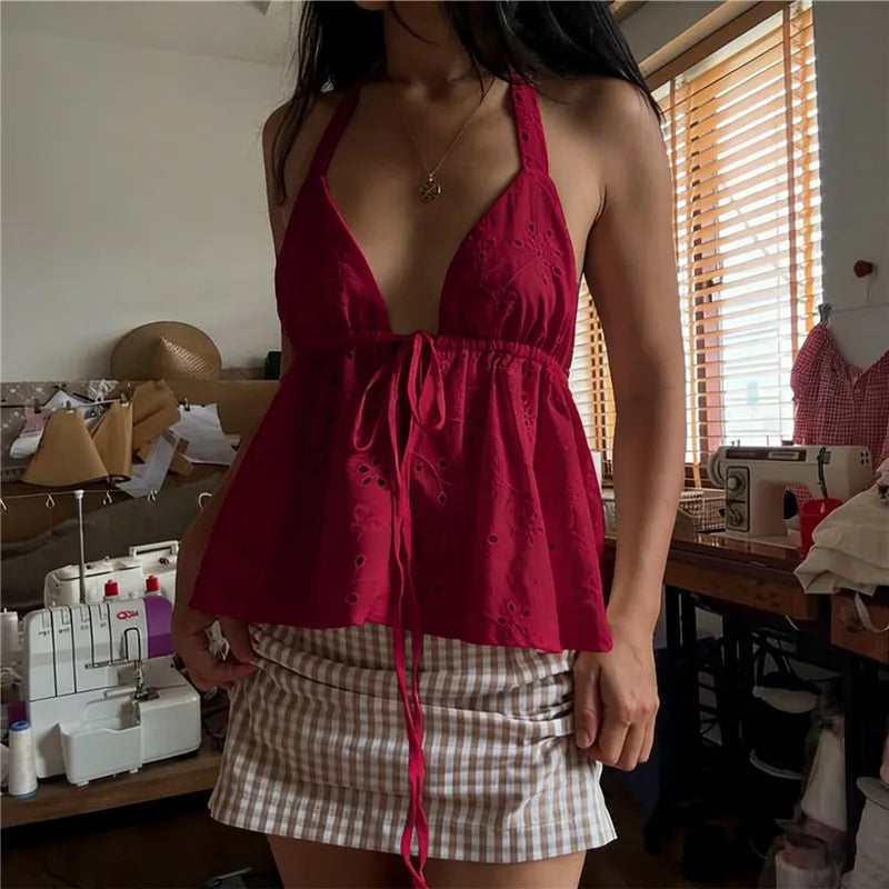 Women's red halter-top blouse, lightweight fabric for summer wear
