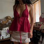 Women's red halter-top blouse, lightweight fabric for summer wear