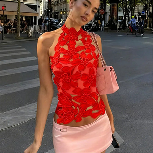Women's red floral halter-top, ideal for summer outings