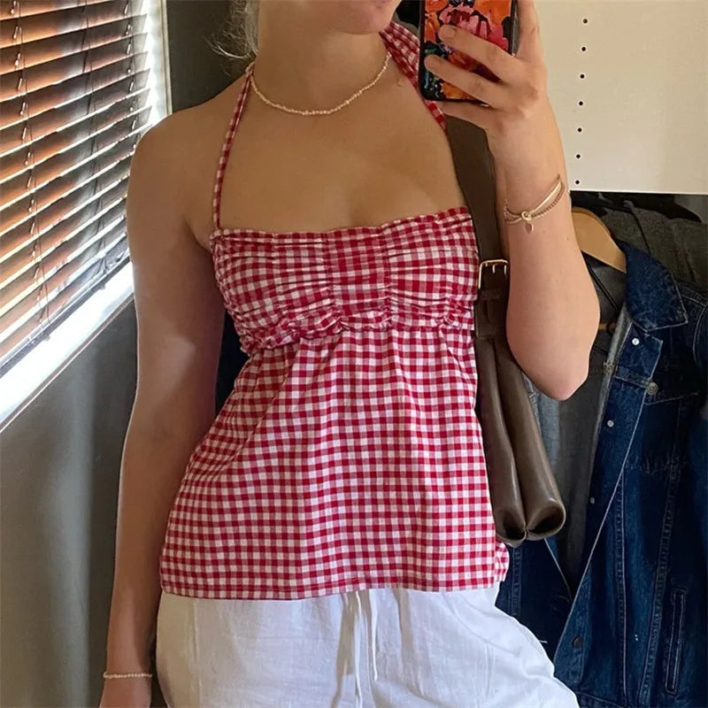 Women's red gingham halter-top, perfect for summer outings
