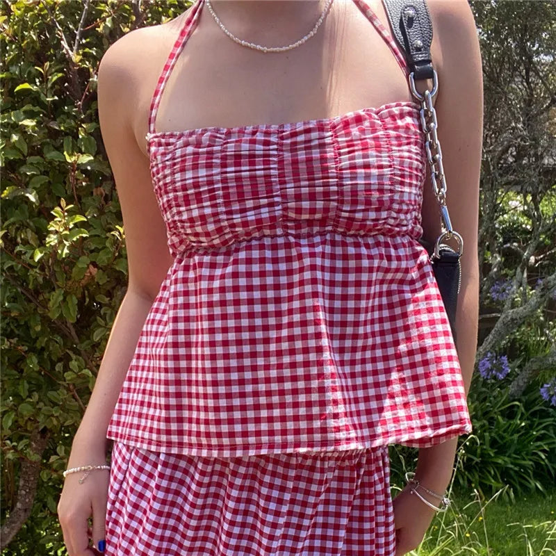 Red gingham halter-top for women's summer outings