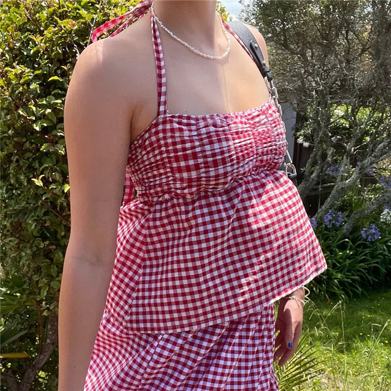 Red gingham halter-top, lightweight cotton for summer outings