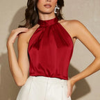 Women's red satin halter-top for stylish evening wear