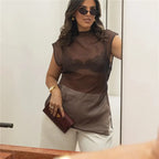 Women's brown sheer halter-top for stylish summer outings