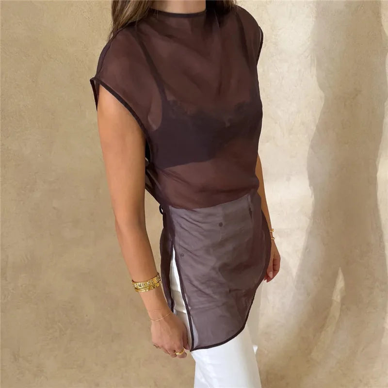 Women's sheer black halter-top, perfect for summer outings